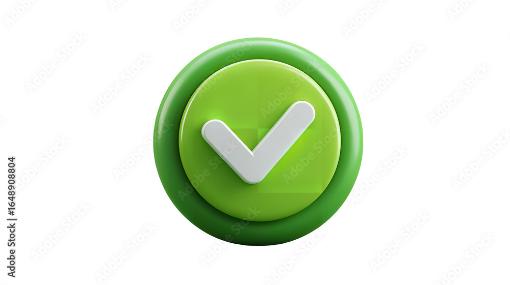 Aufkleber green glossy check mark confirmation icon, digital rendering on transparent background