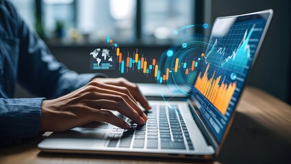 Businessman analyzing financial technology data for investment integration using laptop in modern office, visualizing digital charts, market trends, and fintech insights for economic strategy.