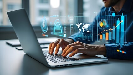 Businessman analyzing financial technology data for investment integration using laptop in modern office, visualizing digital charts, market trends, and fintech insights for economic strategy.