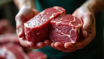 Fresh Raw Beef Cuts in Hands at Traditional Meat Market Close-Up