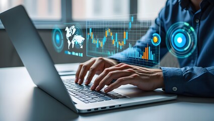 Businessman analyzing financial technology data for investment integration using laptop in modern office, visualizing digital charts, market trends, and fintech insights for economic strategy.