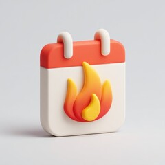 3D calendar icon, coral-red, white, and orange flames