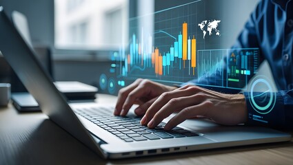 Businessman analyzing financial technology data for investment integration using laptop in modern office, visualizing digital charts, market trends, and fintech insights for economic strategy.