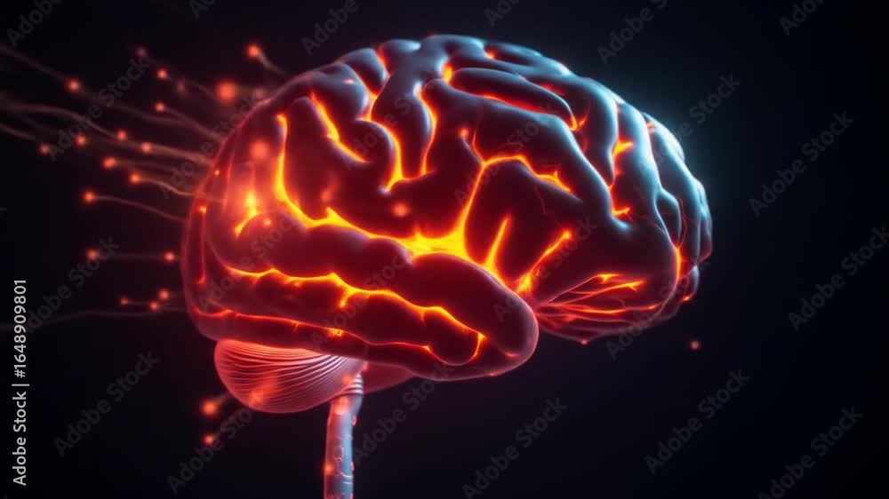 Poster abstract visualization of a human brain with glowing neural connections