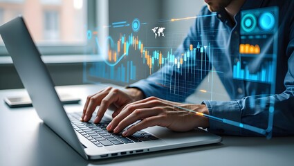 Businessman analyzing financial technology data for investment integration using laptop in modern office, visualizing digital charts, market trends, and fintech insights for economic strategy.
