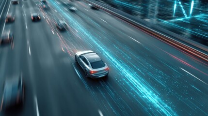 A dynamic view of a busy highway at night, showcasing the movement of vehicles with illuminated trails and vibrant city lights in the background.