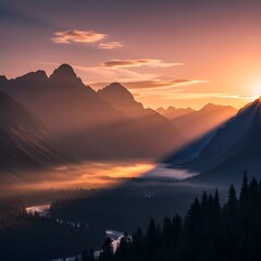 Obraz premium Majestic mountain range bathed in warm sunlight, creating a dramatic landscape scene.