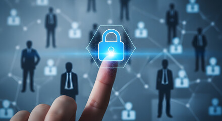 Finger touching glowing digital padlock securing network of people silhouettes