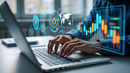 Businessman analyzing financial technology data for investment integration using laptop in modern office, visualizing digital charts, market trends, and fintech insights for economic strategy.
