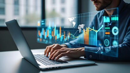 Businessman analyzing financial technology data for investment integration using laptop in modern office, visualizing digital charts, market trends, and fintech insights for economic strategy.
