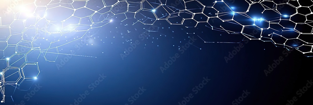 Poster blue and white hexagonal blockchain network background with glowing digital connections, hyper-reali