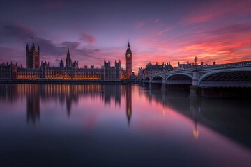 Fototapeta premium London Houses of Parliament at sunset, reflected in still water