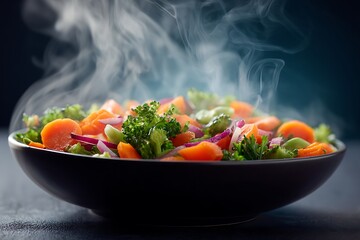 Steaming Bowl of Mixed Vegetables with Broccoli and Carrots food healthy