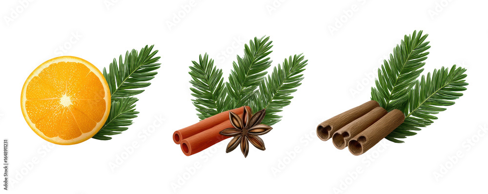 Poster orange slice isolated transparent background with cinnamon stick and star anise with pine branch