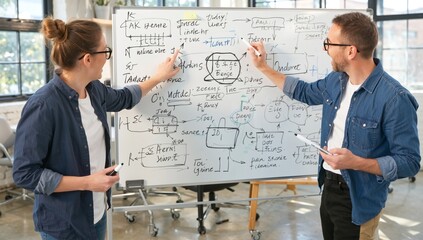 Team of two collaborating enthusiastically, using a whiteboard filled with diagrams and notes to brainstorm ideas and strategies.