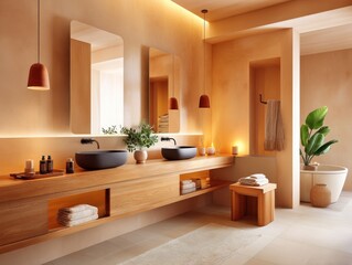 Modern Japandi style bathroom with warm tones and natural wooden elements