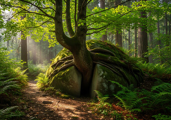 Ancient tree growing through moss covered boulder in sunlit forest