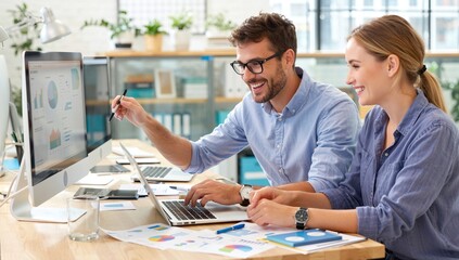 Colleagues collaborating effectively, analyzing charts and graphs on computer screens in a modern office setting, demonstrating teamwork and data-driven decision making.