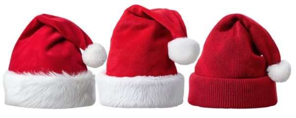 Red Santa hats isolated on transparent background with white fur and pompom