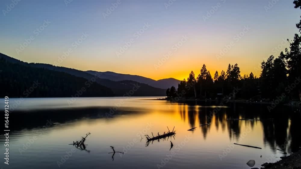 Poster scenic lake at twilight with golden sun setting behind trees creating calm reflections in still wate