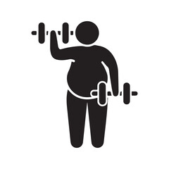 Obese person lifting dumbbells, fat man workout glyph icon. Weight loss and fitness concept.
