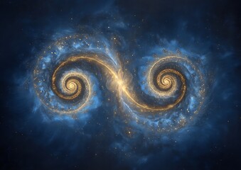 Twin Golden Spirals of Cosmic Nebula with Glowing Stars and Blue Gas Clouds galaxy space