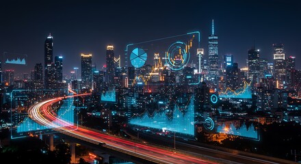 Fototapeta premium Night Cityscape with Overlayed Financial Data Graphs