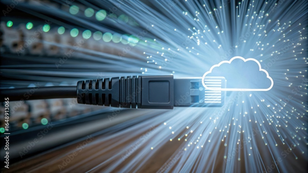 Poster network cable connects to glowing cloud symbol representing data sovereignty in cloud computing