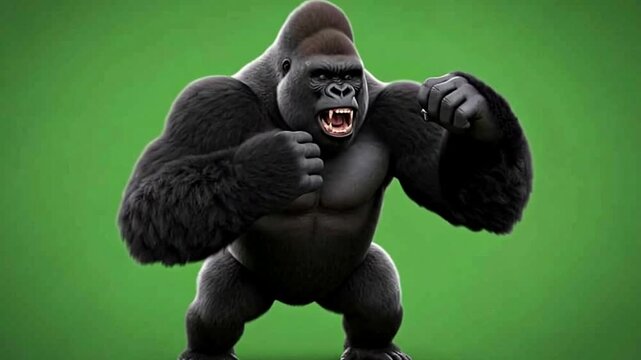 A cartoonstyle gorilla stands ready to fight with clenched fists and bared teeth against a green backdrop