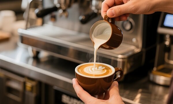 Close-up of hands pouring steamed milk into a cup of espresso, creating latte art, stainless steel counter and coffee equipment in background, realistic lighting.