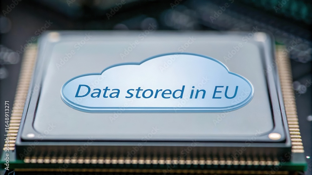 Aufkleber data sovereignty in cloud is emphasized with focus on eu storage depicted on microchip