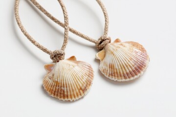 Two matching shell pendants on separate cords lying close on white background, symbolic romance, underwater style, suitable for jewelry and lifestyle.