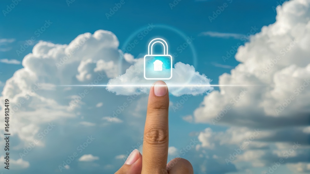 Poster finger touches digital lock symbolizing data sovereignty in cloud computing