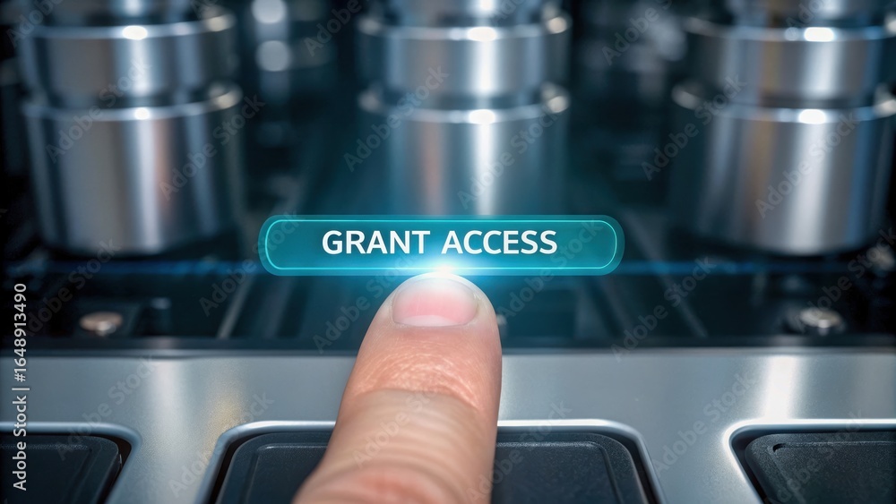 Poster finger pressing digital button labeled grant access symbolizes data sovereignty in cloud computing e