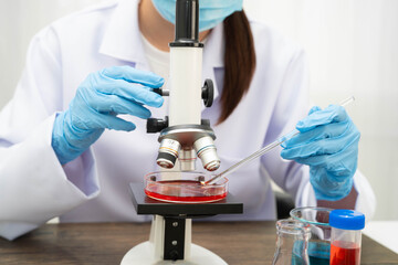 Scientist medical professional use microscope for research in science laboratory.
