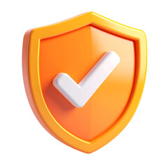 Orange shield with white checkmark isolated on transparent background