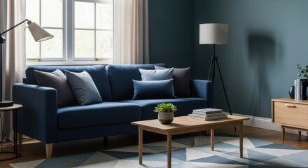Cozy living room with blue sofa, wooden accents, and a geometric rug