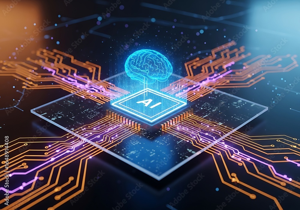 Poster explore innovative artificial intelligence with glowing circuitry and neural network connections for