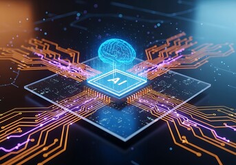 Explore innovative artificial intelligence with glowing circuitry and neural network connections for revolutionary technology