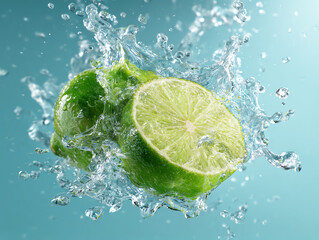 Fresh limes splashing in crystal clear water, vibrant and refreshing.