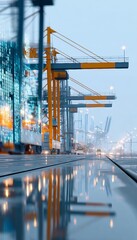 Naklejka premium Modern Logistics Infrastructure at Dusk A Global Port with Cranes and Calm Waters for Transport