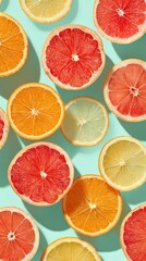 Obraz premium Colorful Citrus Fruits Halves Pattern on Light Blue Background - Vertical