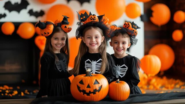 Children dressed in skeleton costumes smile while posing with pumpkins. Bright orange Halloween decorations create a festive atmosphere