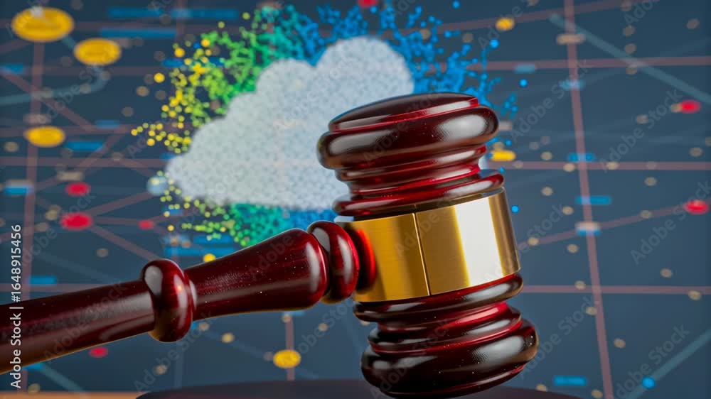 Aufkleber gavel symbolizes data sovereignty in cloud computing with digital network background and cloud techn