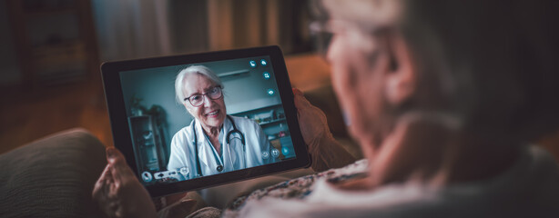Senior woman consulting with a female doctor via video call on a digital tablet, illustrating remote healthcare, telemedicine, and elderly care technology in modern home settings.