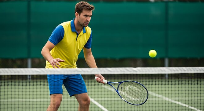 Tennis player in action, preparing to hit the ball with a forehand stroke on a court. - Powered by Adobe