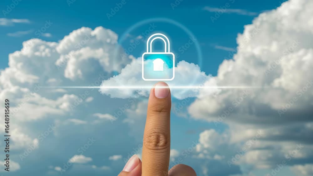 Aufkleber finger touches digital lock on cloud symbolizing data sovereignty in cloud computing with blue sky b