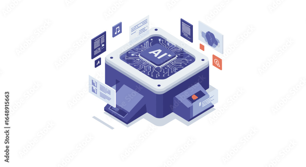 Poster futuristic isometric artificial intelligence processor with digital interfaces