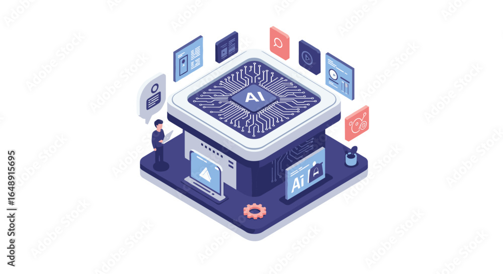 Poster isometric ai technology concept with data network and digital communication elements