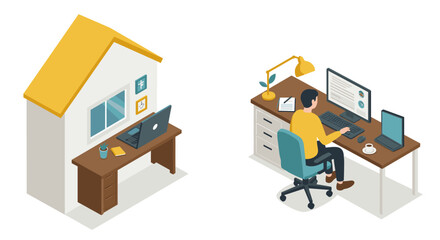 Isometric home office setup with remote work and freelancing concept